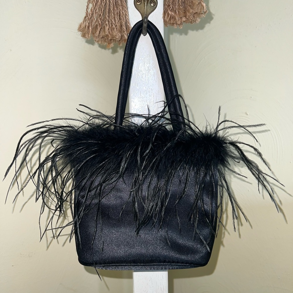 Vintage Inspired Black Satin Tote with Feather Trim 0024